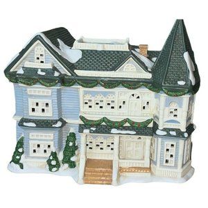 Vintage Village Square Ceramic Two Story 1998 Christmas Snow Blue House